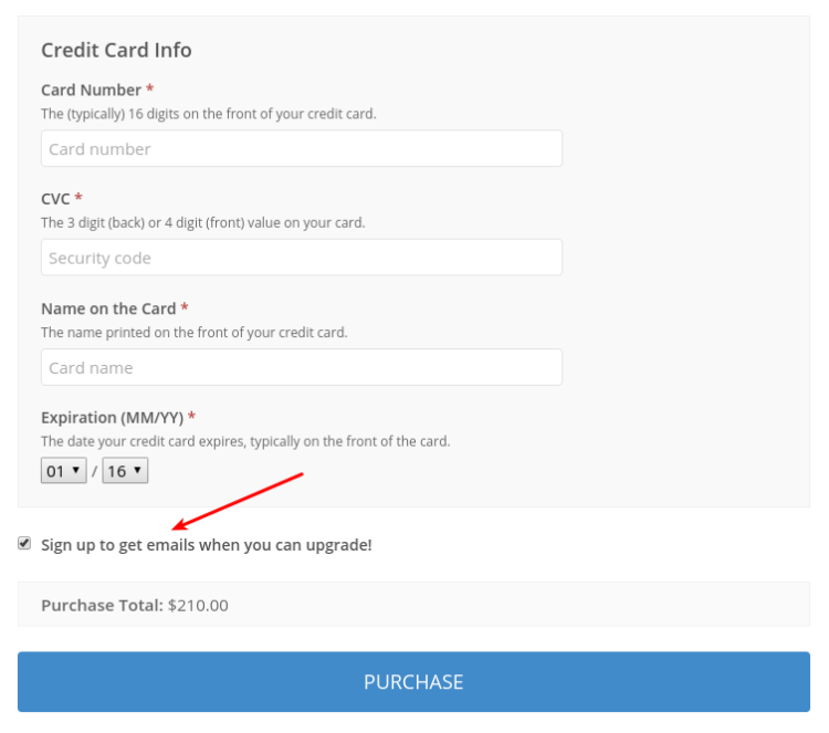Screenshot of payment area with Checkbox for signing up to an email list highlighted