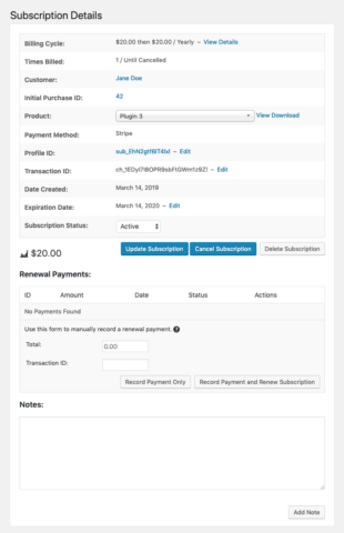 screenshot of the admin view for editing subscriptions