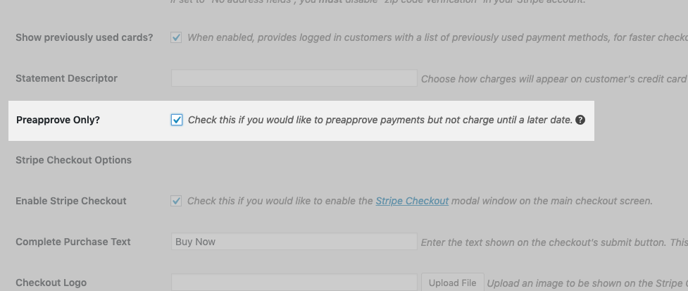 screenshot of payment pre-approval settings