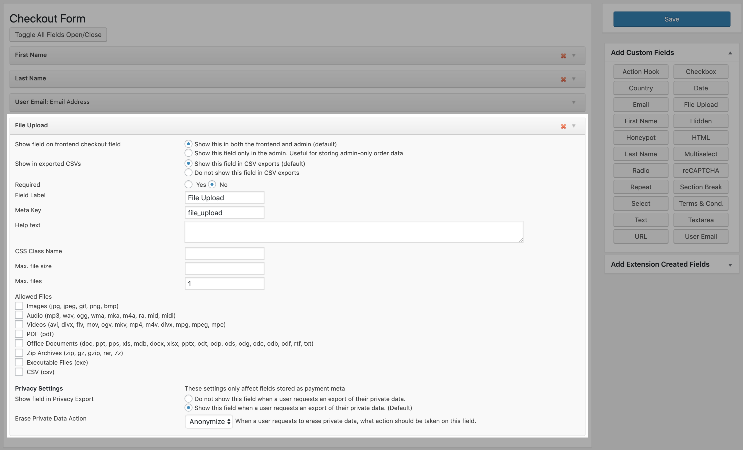 screenshot of the checkout field form editor focused on a file upload field
