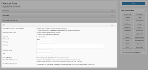 screenshot of the checkout form editor focused on a text field