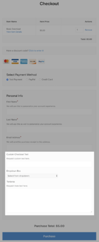 screenshot of checkout form focused on custom fields section
