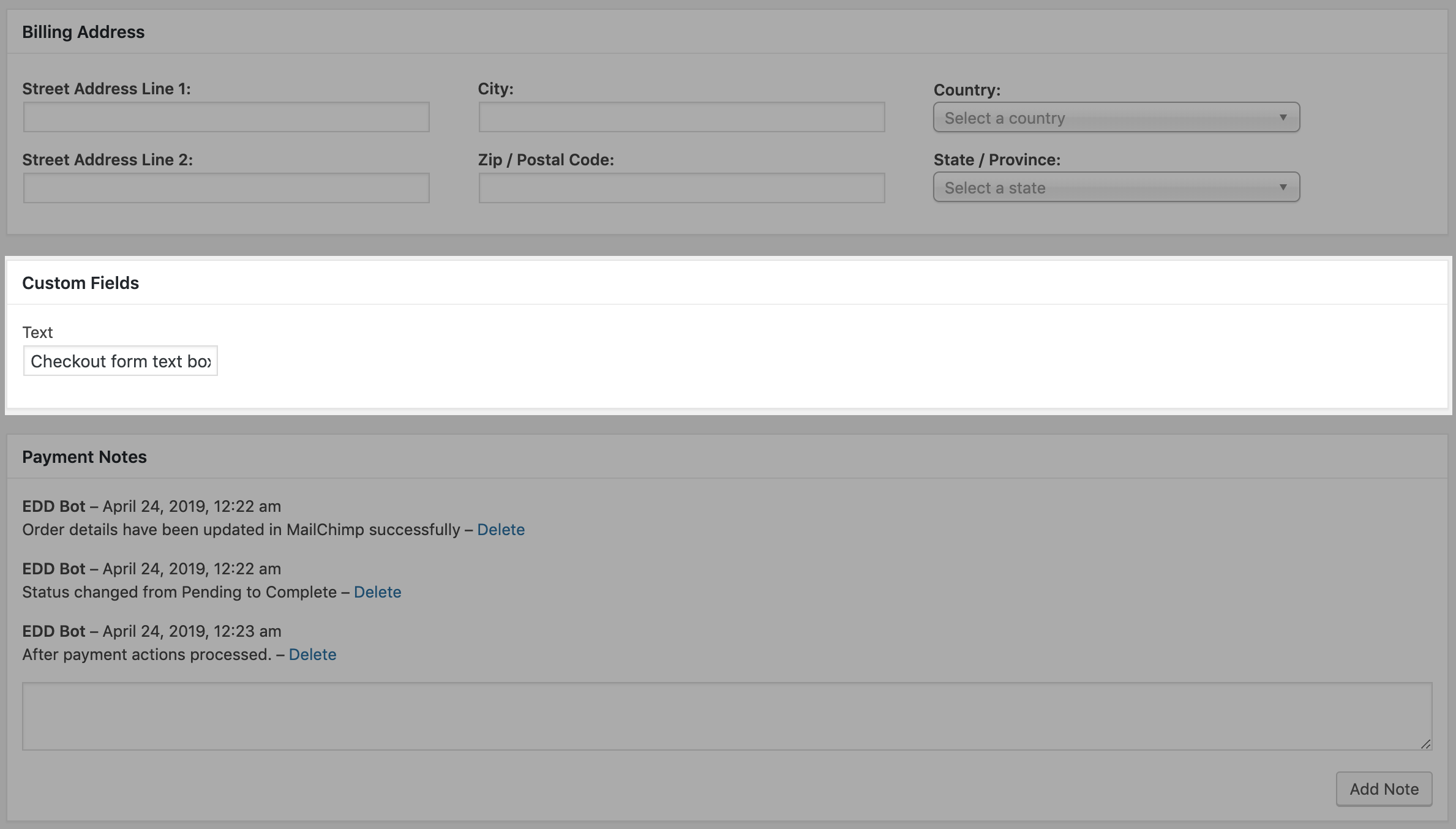 screenshot of a payment record focused on custom field data