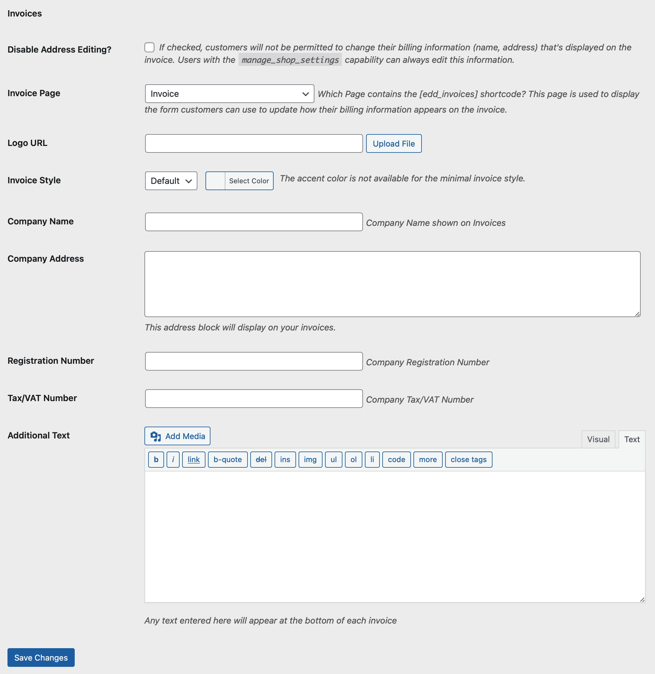 Screenshot: Invoice settings screen