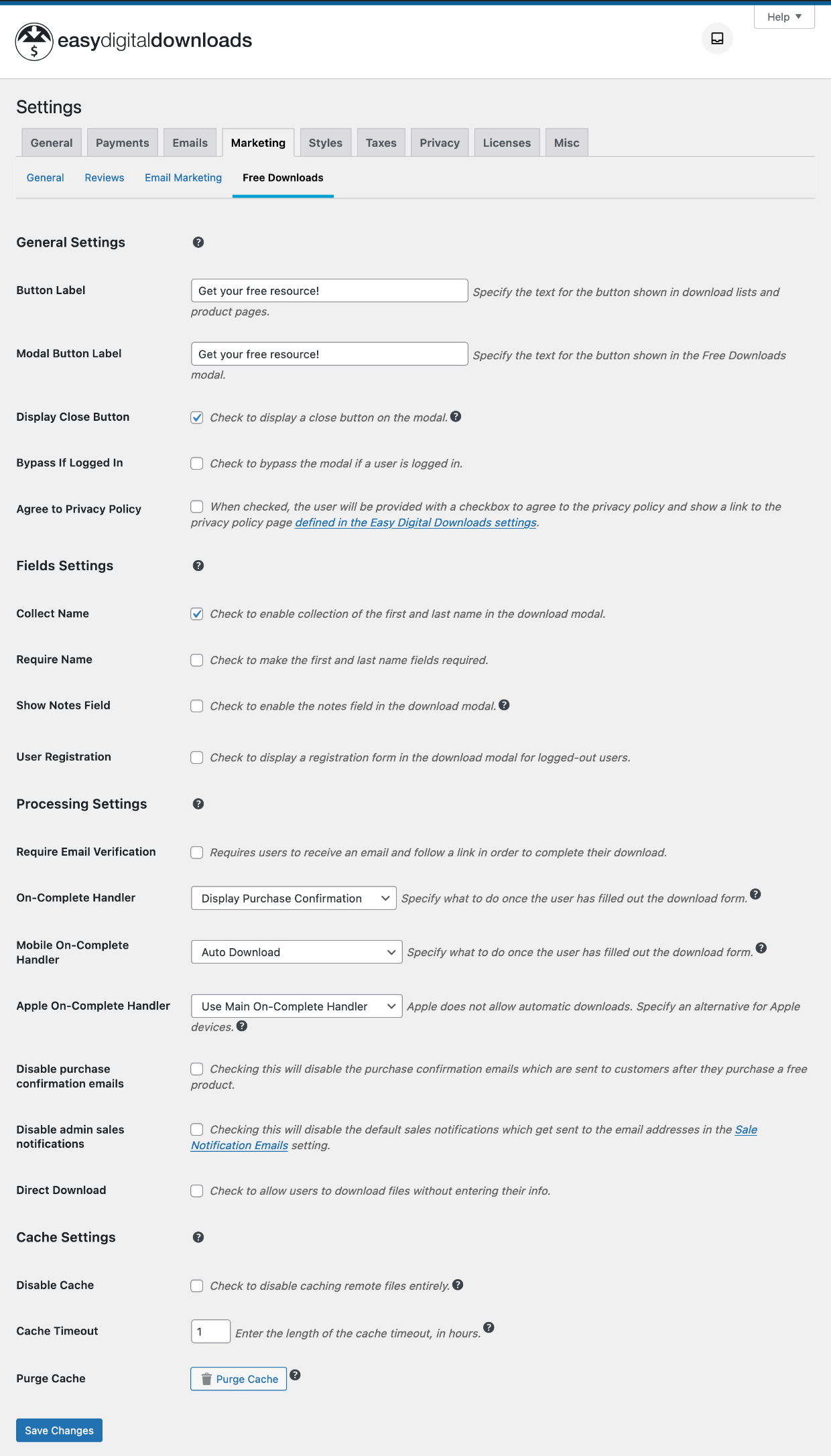 Screenshot: EDD Free Downloads Settings