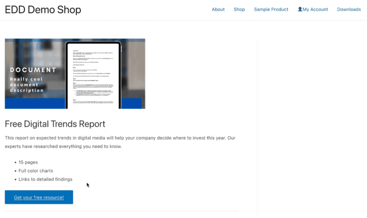 Animated Screenshot: Free downloads modal – Easy Digital Downloads GIF of popup that offers free digital download in WordPress using Easy Digital Downloads.